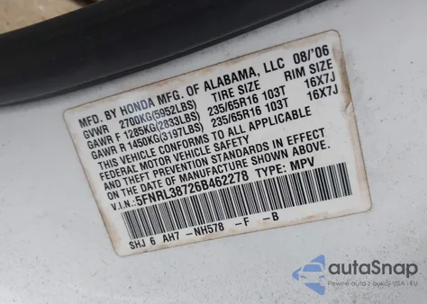 2006 Honda Odyssey Ex-L from USA, damaged, VIN 5FNRL38726B462278